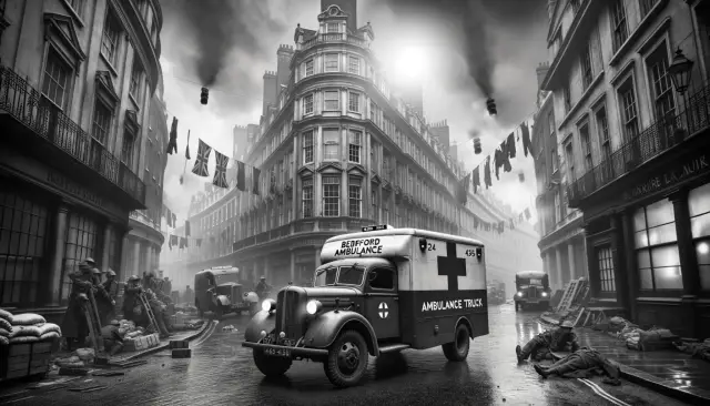 image capturing a World War-era Bedford ambulance truck navigating through London's historic streets