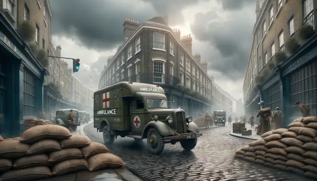 old Bedford ambulance truck from World War times driving on the cobblestone streets of wartime London