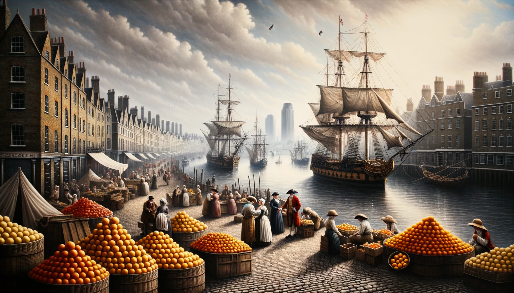 canal shipping scene in 18th Century London oraqnges and lemons