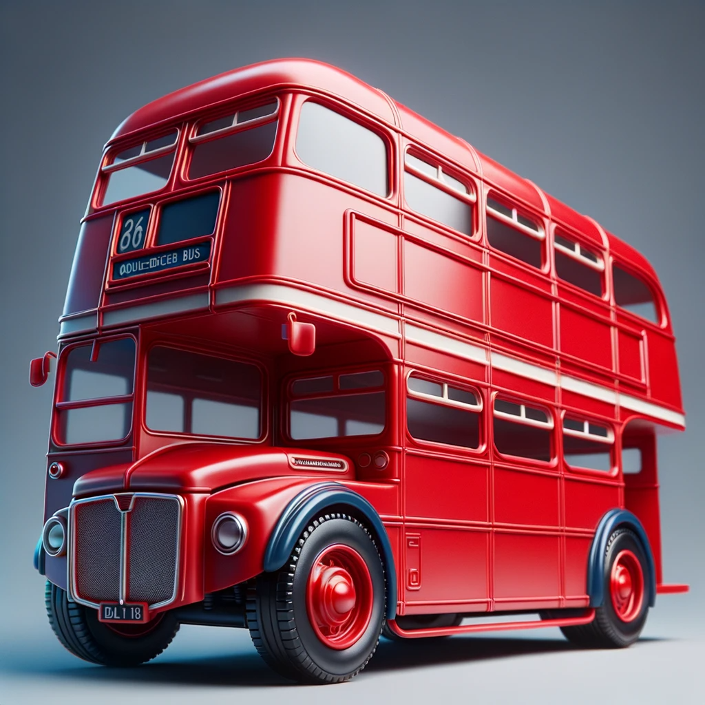 routemaster double-decker red bus, a symbol of London's streets. The bus is designed with oversized wheels and bright red