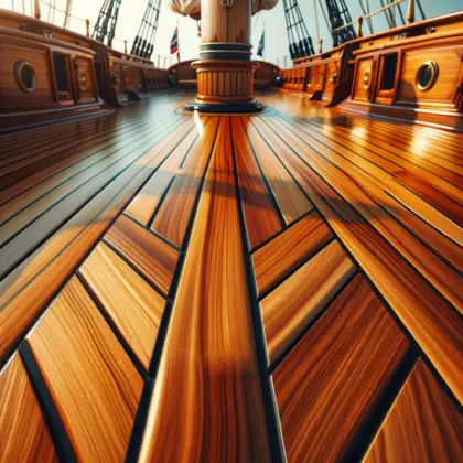 A close-up view of a ship's deck made of teak wood. The planks are rich in teak color, with the natural grain and texture of the wood clearly visible